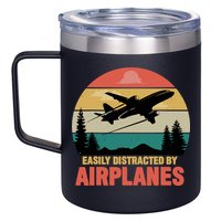 Easily Distracted By Airplanes Lover Retro Funny Pilot 12oz Stainless Steel Coffee Mug