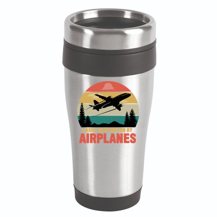 Easily Distracted By Airplanes Lover Retro Funny Pilot 16oz Travel Tumbler