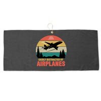 Easily Distracted By Airplanes Lover Retro Funny Pilot Large Microfiber Waffle Golf Towel