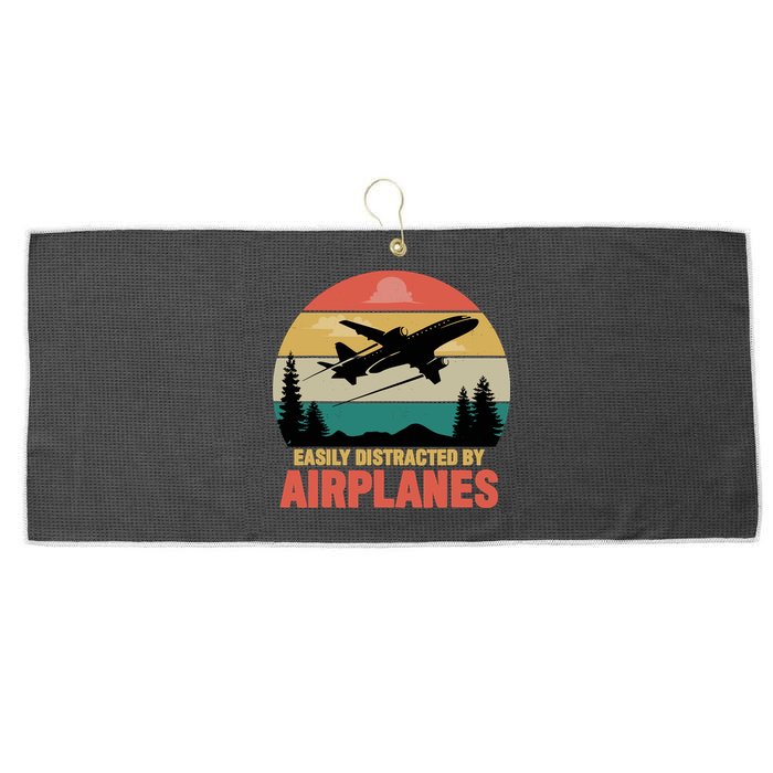 Easily Distracted By Airplanes Lover Retro Funny Pilot Large Microfiber Waffle Golf Towel