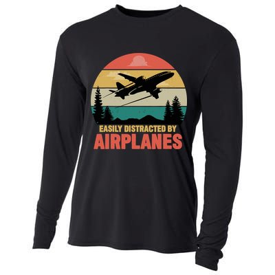 Easily Distracted By Airplanes Lover Retro Funny Pilot Cooling Performance Long Sleeve Crew