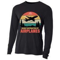 Easily Distracted By Airplanes Lover Retro Funny Pilot Cooling Performance Long Sleeve Crew