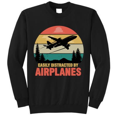 Easily Distracted By Airplanes Lover Retro Funny Pilot Tall Sweatshirt