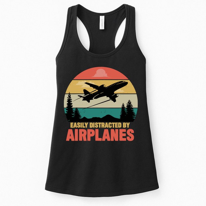 Easily Distracted By Airplanes Lover Retro Funny Pilot Womens Tank Top