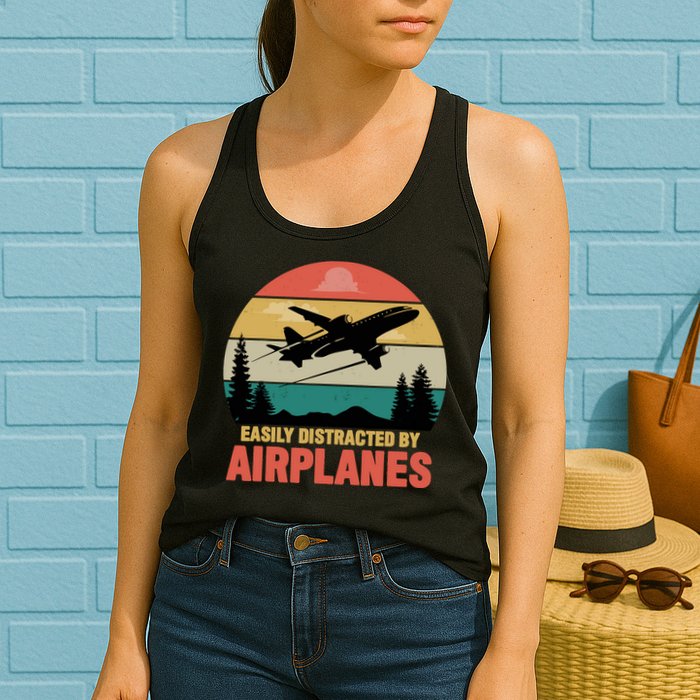 Easily Distracted By Airplanes Lover Retro Funny Pilot Womens Tank Top