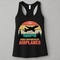 Easily Distracted By Airplanes Lover Retro Funny Pilot Womens Tank Top