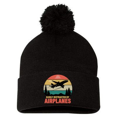 Easily Distracted By Airplanes Lover Retro Funny Pilot Pom Pom 12in Knit Beanie