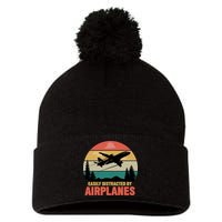 Easily Distracted By Airplanes Lover Retro Funny Pilot Pom Pom 12in Knit Beanie