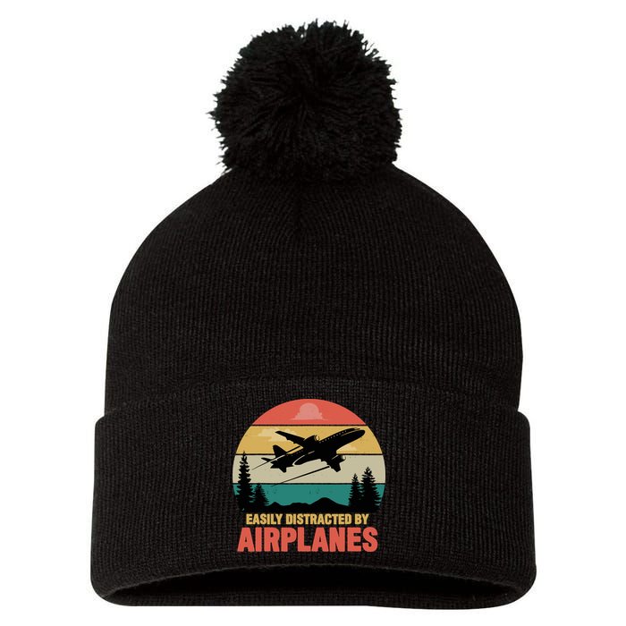 Easily Distracted By Airplanes Lover Retro Funny Pilot Pom Pom 12in Knit Beanie
