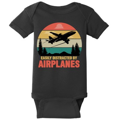 Easily Distracted By Airplanes Lover Retro Funny Pilot Baby Bodysuit