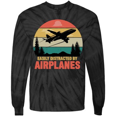 Easily Distracted By Airplanes Lover Retro Funny Pilot Tie-Dye Long Sleeve Shirt