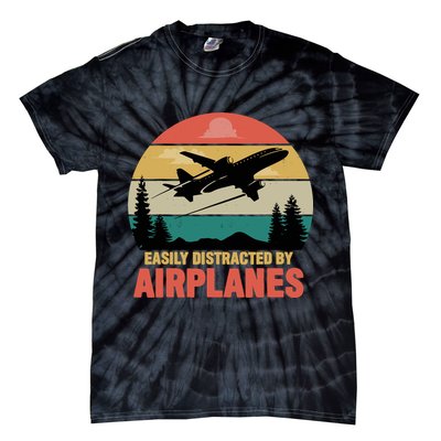 Easily Distracted By Airplanes Lover Retro Funny Pilot Tie-Dye T-Shirt