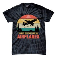 Easily Distracted By Airplanes Lover Retro Funny Pilot Tie-Dye T-Shirt