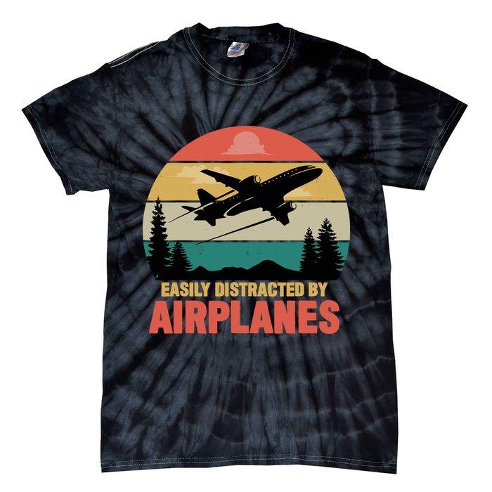 Easily Distracted By Airplanes Lover Retro Funny Pilot Tie-Dye T-Shirt