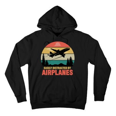 Easily Distracted By Airplanes Lover Retro Funny Pilot Tall Hoodie