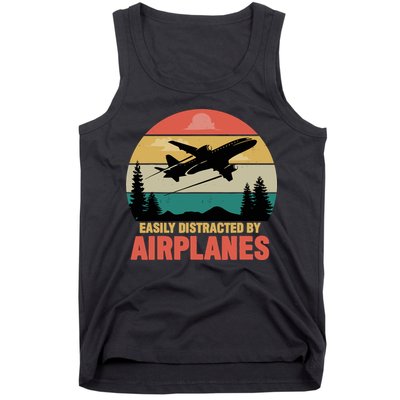 Easily Distracted By Airplanes Lover Retro Funny Pilot Tank Top