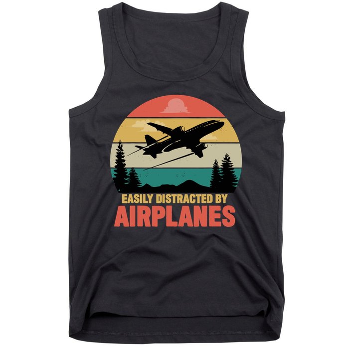 Easily Distracted By Airplanes Lover Retro Funny Pilot Tank Top