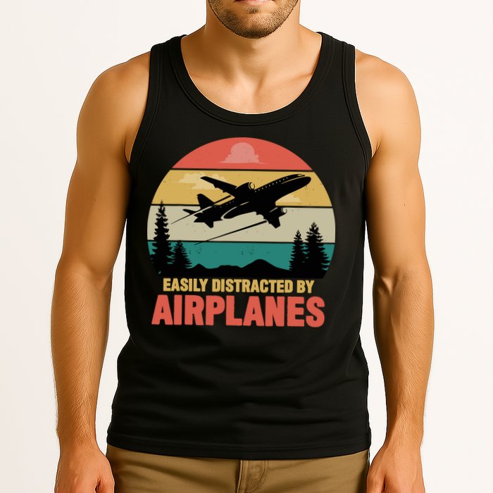 Easily Distracted By Airplanes Lover Retro Funny Pilot Tank Top