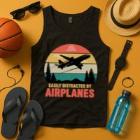 Easily Distracted By Airplanes Lover Retro Funny Pilot Tank Top
