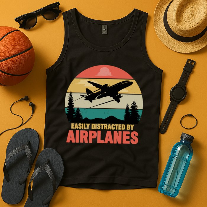 Easily Distracted By Airplanes Lover Retro Funny Pilot Tank Top