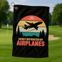 Easily Distracted By Airplanes Lover Retro Funny Pilot Golf Towel
