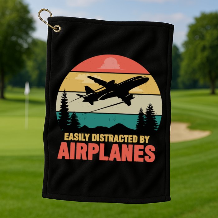 Easily Distracted By Airplanes Lover Retro Funny Pilot Golf Towel