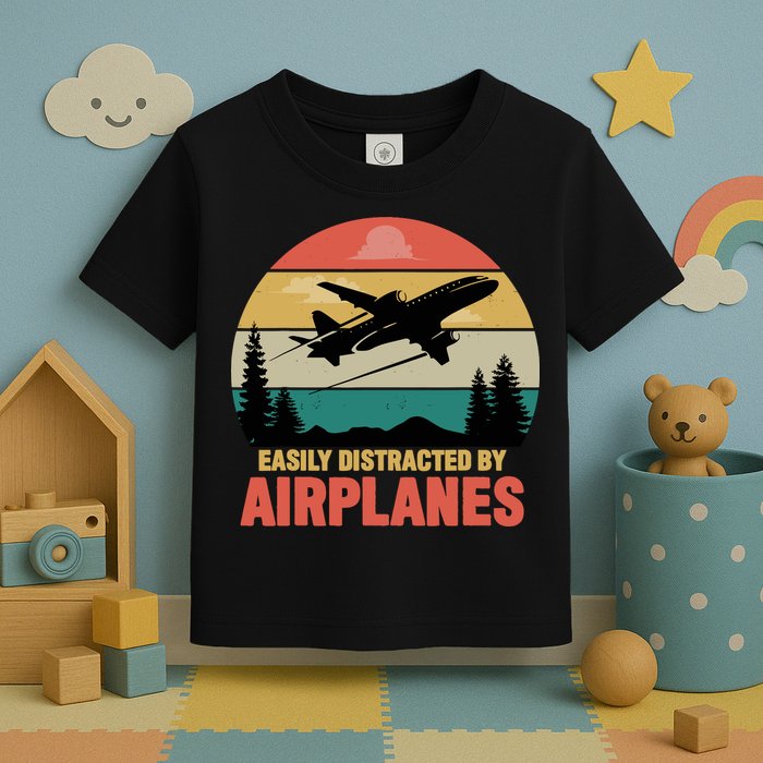 Easily Distracted By Airplanes Lover Retro Funny Pilot Toddler T-Shirt