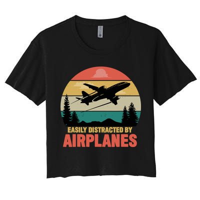 Easily Distracted By Airplanes Lover Retro Funny Pilot Crop Top