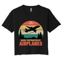 Easily Distracted By Airplanes Lover Retro Funny Pilot Crop Top