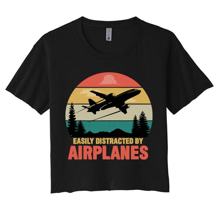 Easily Distracted By Airplanes Lover Retro Funny Pilot Crop Top