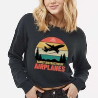 Easily Distracted By Airplanes Lover Retro Funny Pilot Cropped Pullover Crew