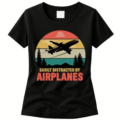 Easily Distracted By Airplanes Lover Retro Funny Pilot Womens T-Shirt