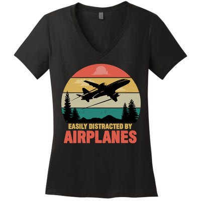 Easily Distracted By Airplanes Lover Retro Funny Pilot Women's V-Neck T-Shirt