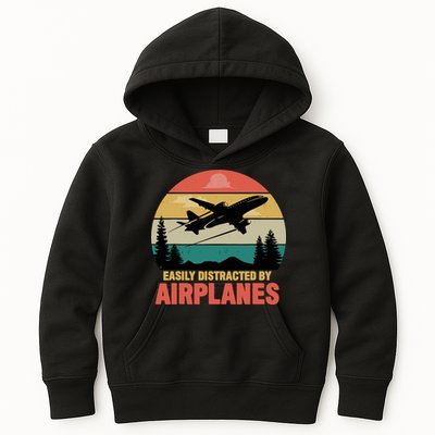 Easily Distracted By Airplanes Lover Retro Funny Pilot Kids Hoodie