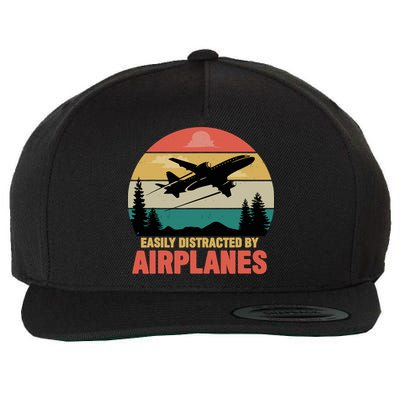 Easily Distracted By Airplanes Lover Retro Funny Pilot Wool Snapback Cap