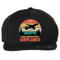 Easily Distracted By Airplanes Lover Retro Funny Pilot Wool Snapback Cap