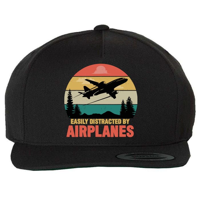 Easily Distracted By Airplanes Lover Retro Funny Pilot Wool Snapback Cap
