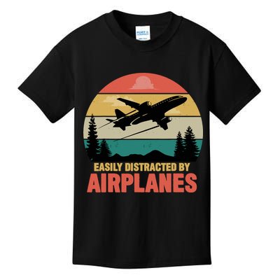 Easily Distracted By Airplanes Lover Retro Funny Pilot Kids T-Shirt