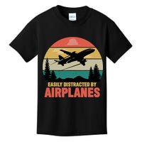Easily Distracted By Airplanes Lover Retro Funny Pilot Kids T-Shirt