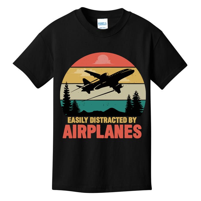 Easily Distracted By Airplanes Lover Retro Funny Pilot Kids T-Shirt