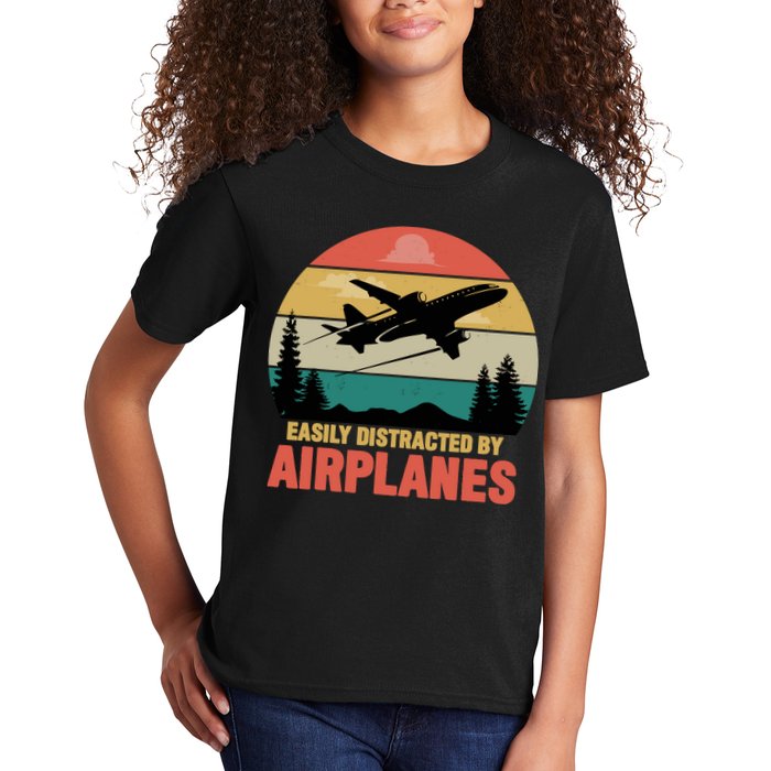 Easily Distracted By Airplanes Lover Retro Funny Pilot Kids T-Shirt
