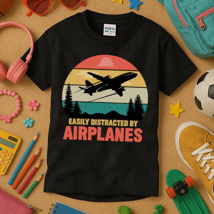Easily Distracted By Airplanes Lover Retro Funny Pilot Kids T-Shirt