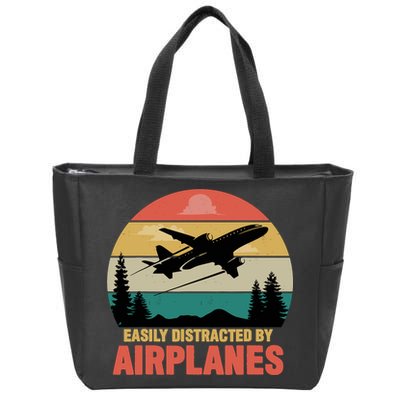 Easily Distracted By Airplanes Lover Retro Funny Pilot Zip Tote Bag