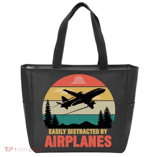 Easily Distracted By Airplanes Lover Retro Funny Pilot Zip Tote Bag