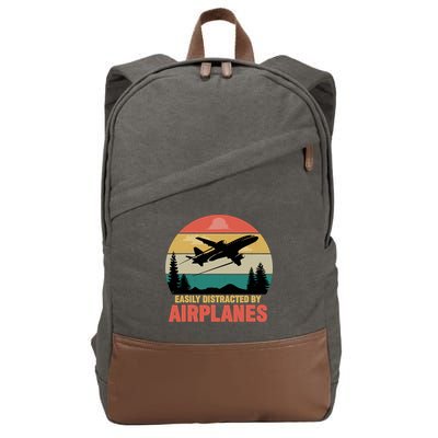 Easily Distracted By Airplanes Lover Retro Funny Pilot Cotton Canvas Backpack