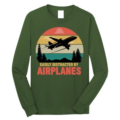 Easily Distracted By Airplanes Lover Retro Funny Pilot Long Sleeve Shirt