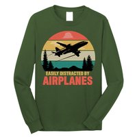 Easily Distracted By Airplanes Lover Retro Funny Pilot Long Sleeve Shirt