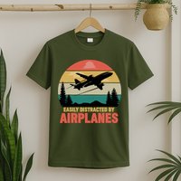 Easily Distracted By Airplanes Lover Retro Funny Pilot T-Shirt