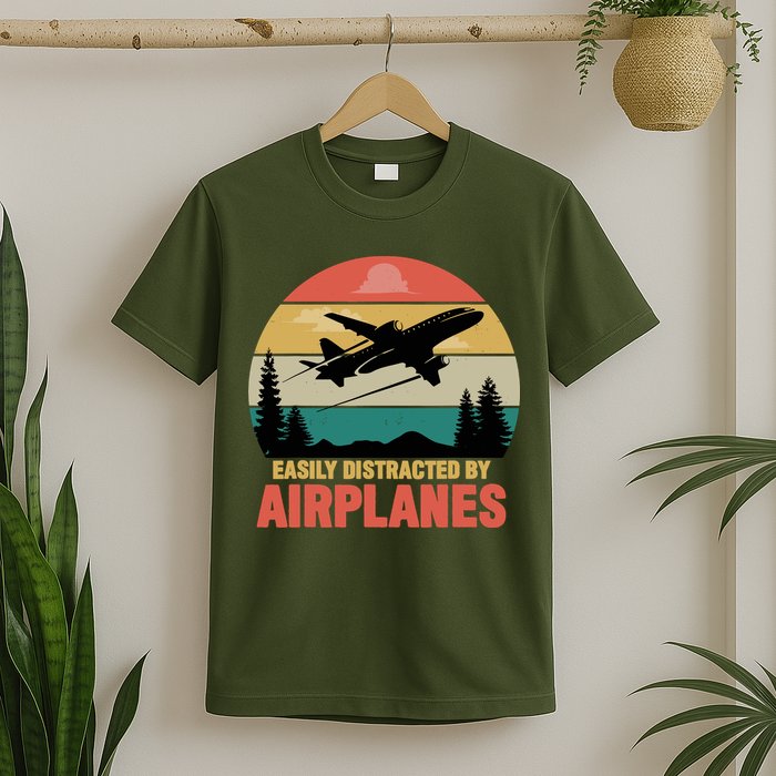Easily Distracted By Airplanes Lover Retro Funny Pilot T-Shirt