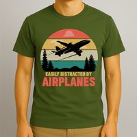 Easily Distracted By Airplanes Lover Retro Funny Pilot T-Shirt